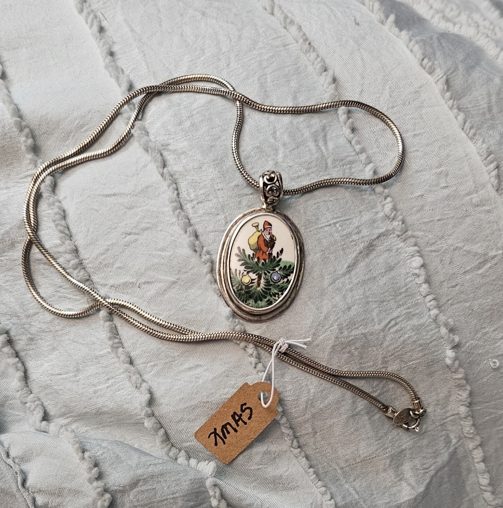 Silver Pendant Necklace And Ring with Spode Santa Colorful Design